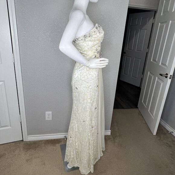 Size 6 Maxi One Shoulder Lace Gown Maxi Dress Whimsical Fairy Angelic Prom Ivory - Picture 5 of 9